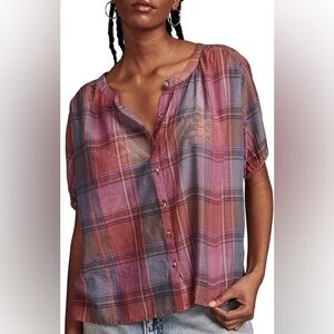 Lucky Brand Women's Yarndyed Smocked Shoulder Blouse Mauve Plaid Plus Size 2X